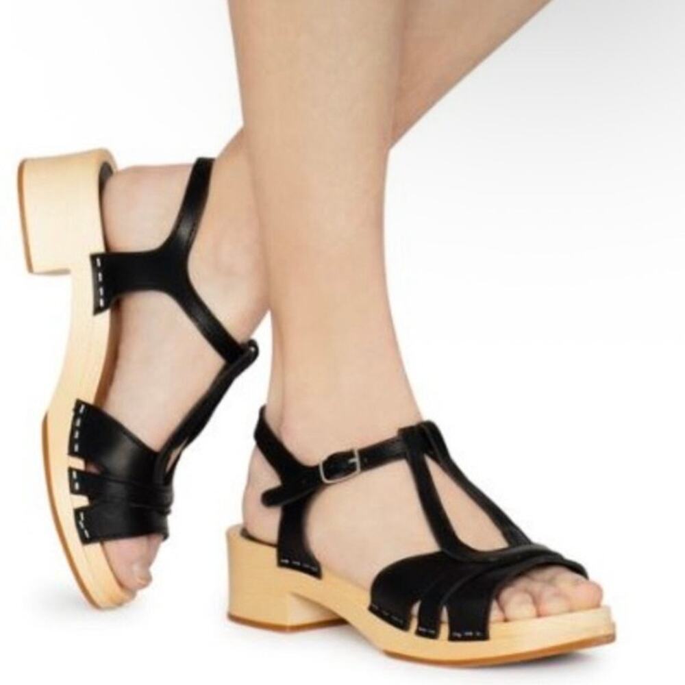 Swedish Hasbeens Ulla Low Sandals Size US 11 EU 41 Black Leather Wood Platform